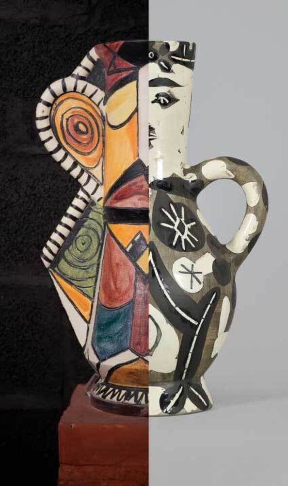 Montaggio di due opere simili, ma di autori diversi: a sinistra una maiolica di Brajo Fuso, a destra un vaso in ceramica di Pablo Picasso.